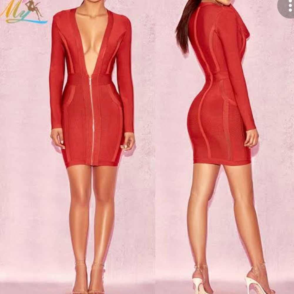 Red Deep V Bandage Dress.